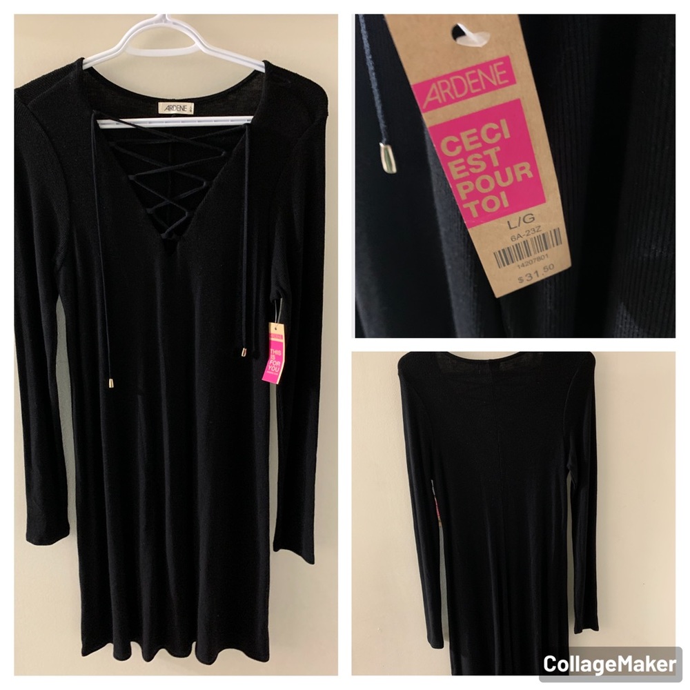 Black Ribbed Long Sleeve Knee length Dress